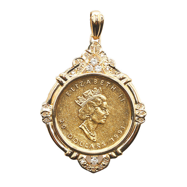 K24IG インゴット K18YG イエローゴールド ダイヤ0.40ct メイプルリーフ 20ドル金貨 1/2OZ エリザベスⅡ世 ペンダントトップ レディース 【中古】