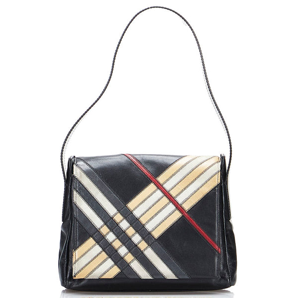 バーバリー チェック ハンドバッグ ブラック ベージュ レザー レディース BURBERRY 【中古】