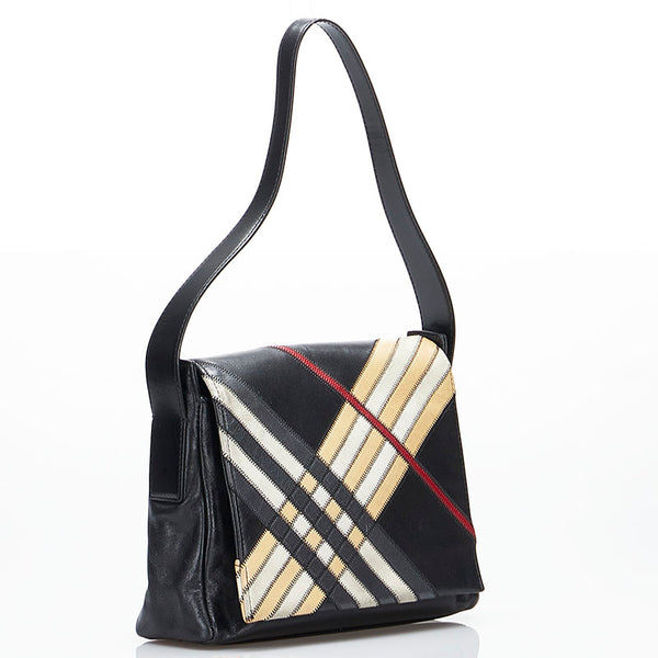 バーバリー チェック ハンドバッグ ブラック ベージュ レザー レディース BURBERRY 【中古】