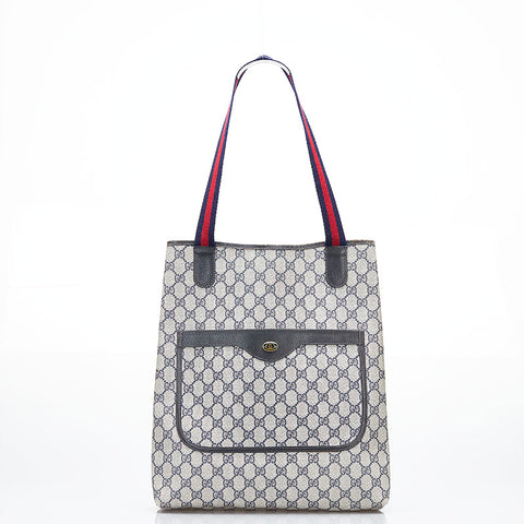 グッチ GGスプリーム オールドグッチ シェリーライン トートバッグ 16 002 4487 ネイビー グレー PVC レザー レディース GUCCI 【中古】