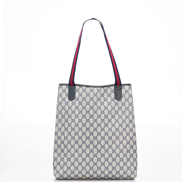 グッチ GGスプリーム オールドグッチ シェリーライン トートバッグ 16 002 4487 ネイビー グレー PVC レザー レディース GUCCI 【中古】