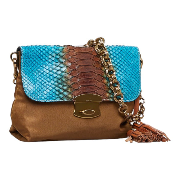 プラダ パイソン タッセル チェーン ショルダーバッグ ブラウン ブルー ナイロン レディース PRADA 【中古】