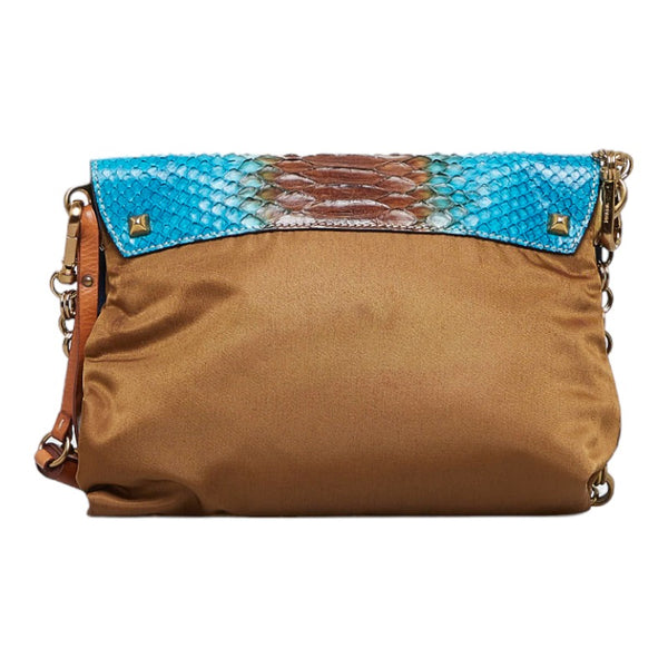 プラダ パイソン タッセル チェーン ショルダーバッグ ブラウン ブルー ナイロン レディース PRADA 【中古】