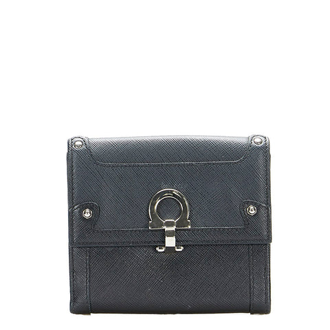 サルヴァトーレフェラガモ ガンチーニ 二つ折り財布 ブラック レザー レディース Salvatore Ferragamo 【中古】