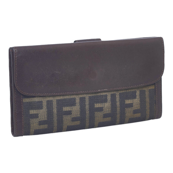 フェンディ ズッカ 二つ折り財布 ブラウン キャンバス レザー レディース FENDI 【中古】