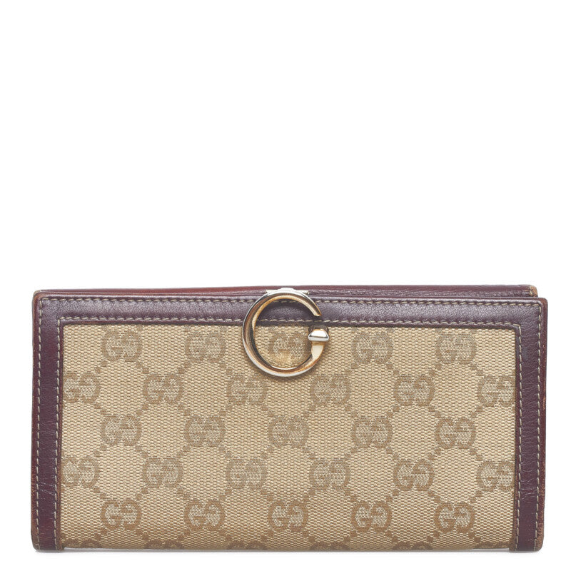 グッチ GGキャンバス 長財布 190389 ベージュ ワインレッド キャンバス レザー レディース GUCCI 【中古】