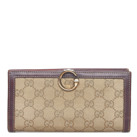 グッチ GGキャンバス 長財布 190389 ベージュ ワインレッド キャンバス レザー レディース GUCCI 【中古】
