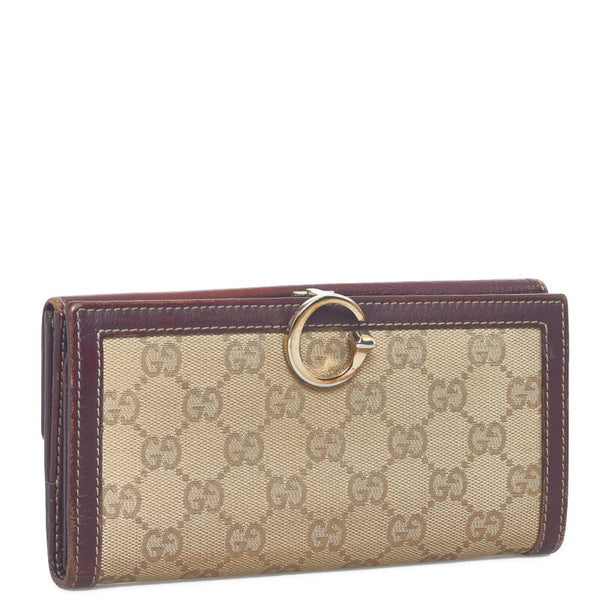 グッチ GGキャンバス 長財布 190389 ベージュ ワインレッド キャンバス レザー レディース GUCCI 【中古】