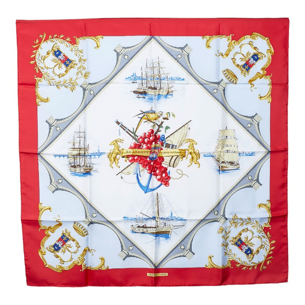 エルメス カレ90 BORDEAUX PORTE OCEANE フランスのボルドー都市の入口 スカーフ レッド マルチカラー シルク レディース HERMES 【中古】