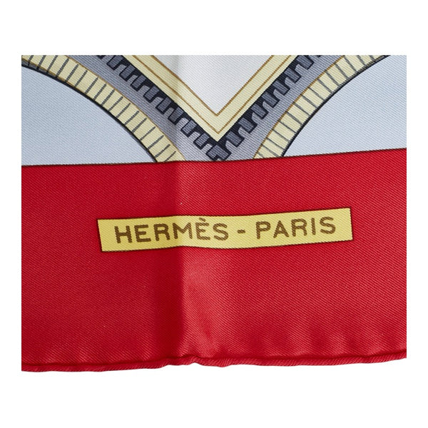 エルメス カレ90 BORDEAUX PORTE OCEANE フランスのボルドー都市の入口 スカーフ レッド マルチカラー シルク レディース HERMES 【中古】
