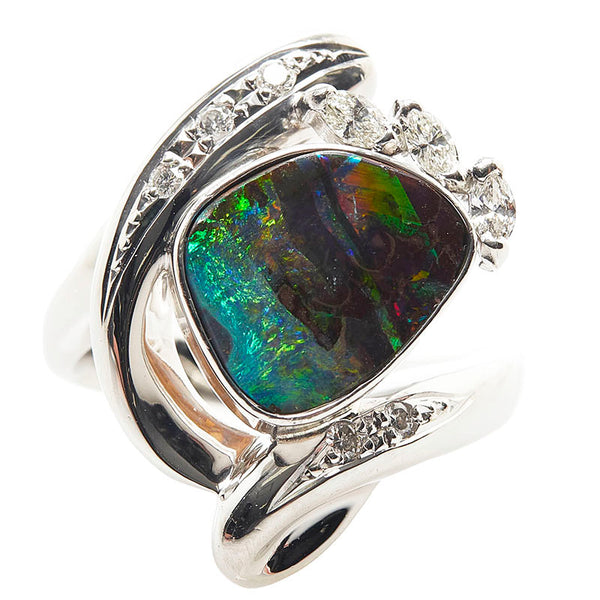 Pt900 プラチナ ボルダーオパール4.06ct ダイヤ0.28ct リング 指輪 レディース 15号 【中古】