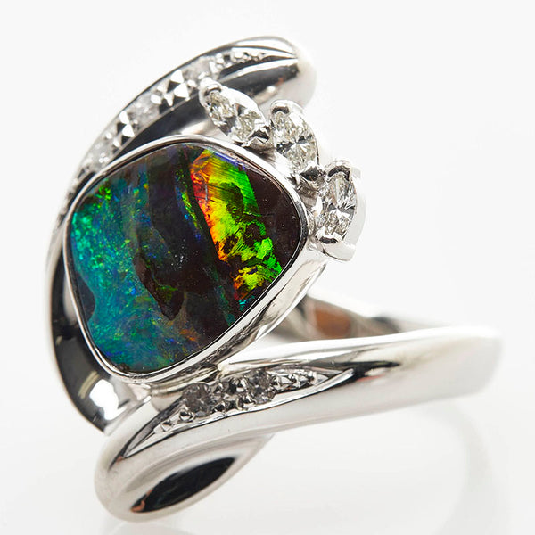 Pt900 プラチナ ボルダーオパール4.06ct ダイヤ0.28ct リング 指輪 レディース 15号 【中古】