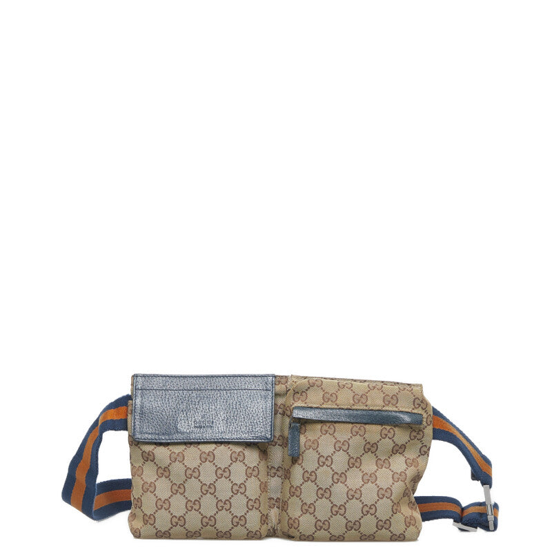 グッチ GGキャンバス シェリーライン ウエストバッグ ボディバッグ 28566 ベージュ ネイビー キャンバス レザー レディース GUCCI 【中古】