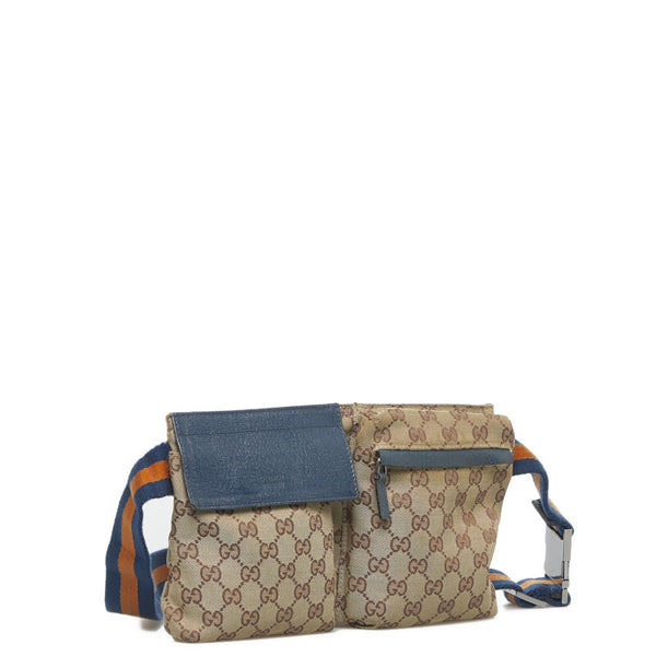 グッチ GGキャンバス シェリーライン ウエストバッグ ボディバッグ 28566 ベージュ ネイビー キャンバス レザー レディース GUCCI 【中古】