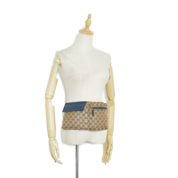 グッチ GGキャンバス シェリーライン ウエストバッグ ボディバッグ 28566 ベージュ ネイビー キャンバス レザー レディース GUCCI 【中古】
