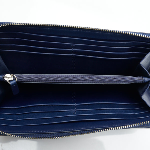 コーチ パンチング ラウンドファスナー 長財布 ネイビー レザー レディース COACH 【中古】