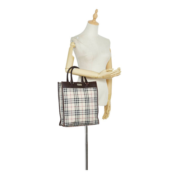 バーバリー ノバチェック ハンドバッグ ブラウン ベージュ キャンバス レザー レディース BURBERRY 【中古】