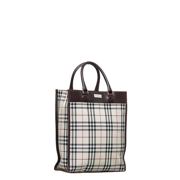 バーバリー ノバチェック ハンドバッグ ブラウン ベージュ キャンバス レザー レディース BURBERRY 【中古】