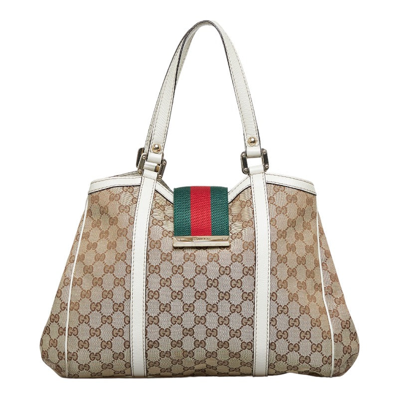 グッチ GGキャンバス シェリーライン フロントフラップトート ハンドバッグ トートバッグ 233609 ベージュ ホワイト キャンバス レザー レディース GUCCI 【中古】