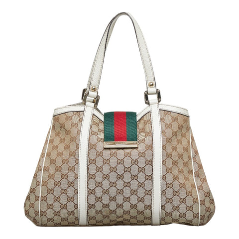 グッチ GGキャンバス シェリーライン フロントフラップトート ハンドバッグ トートバッグ 233609 ベージュ ホワイト キャンバス レザー レディース GUCCI 【中古】