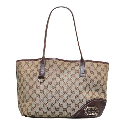 グッチ GGキャンバス ニューブリット トートバッグ ショルダーバッグ 169946 ベージュ ブラウン キャンバス レザー レディース GUCCI 【中古】