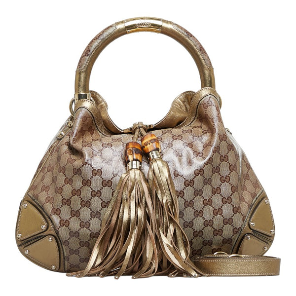 グッチ GGスプリーム バンブー インディ タッセル ハンドバッグ ショルダーバッグ 2WAY 185566 ベージュ ゴールド PVC レザー レディース GUCCI 【中古】