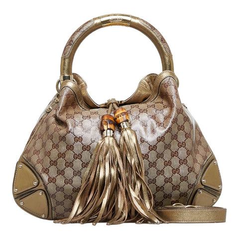 グッチ GGスプリーム バンブー インディ タッセル ハンドバッグ ショルダーバッグ 2WAY 185566 ベージュ ゴールド PVC レザー レディース GUCCI 【中古】
