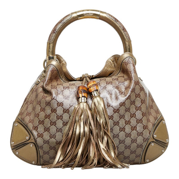 グッチ GGスプリーム バンブー インディ タッセル ハンドバッグ ショルダーバッグ 2WAY 185566 ベージュ ゴールド PVC レザー レディース GUCCI 【中古】