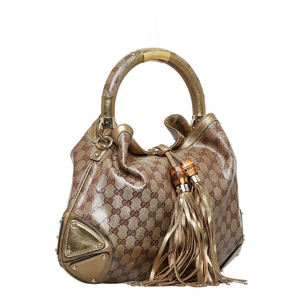グッチ GGスプリーム バンブー インディ タッセル ハンドバッグ ショルダーバッグ 2WAY 185566 ベージュ ゴールド PVC レザー レディース GUCCI 【中古】