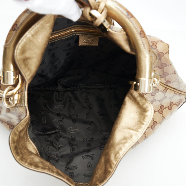 グッチ GGスプリーム バンブー インディ タッセル ハンドバッグ ショルダーバッグ 2WAY 185566 ベージュ ゴールド PVC レザー レディース GUCCI 【中古】