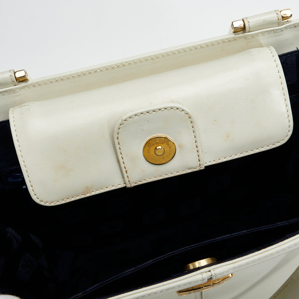 サンローラン ヴィンテージ YSLロゴ金具 ハンドバッグ ホワイト ゴールド レザー レディース SAINT LAURENT 【中古】