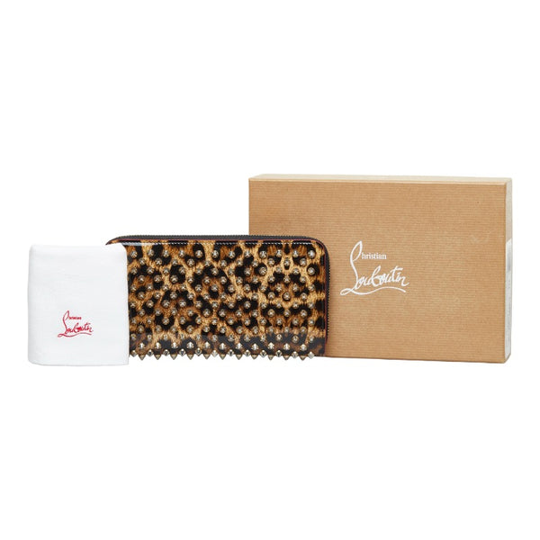 クリスチャンルブタン スタッズ レオパード 豹 ラウンドファスナー 長財布 ゴールド イエロー パテントレザー レディース Christian Louboutin 【中古】