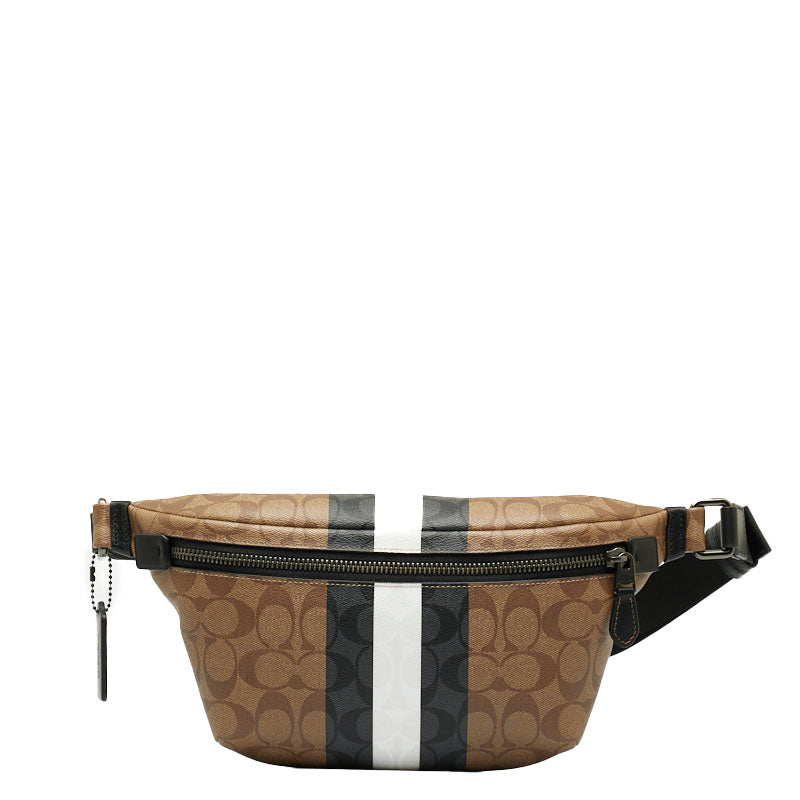 コーチ シグネチャー ヴァーシティストライプ ボディバッグ ウエストバッグ  C3228 ベージュ ブラック PVC レザー レディース COACH 【中古】