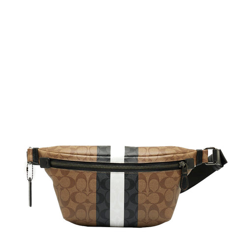 コーチ シグネチャー ヴァーシティストライプ ボディバッグ ウエストバッグ  C3228 ベージュ ブラック PVC レザー レディース COACH 【中古】