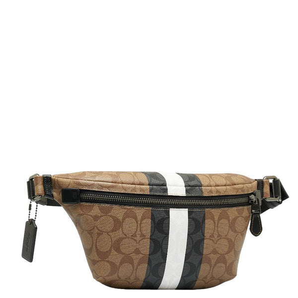 コーチ シグネチャー ヴァーシティストライプ ボディバッグ ウエストバッグ  C3228 ベージュ ブラック PVC レザー レディース COACH 【中古】