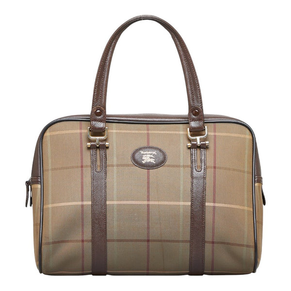 バーバリー チェック ボストンバッグ トラベルバッグ 旅行用バッグ カーキ ブラウン キャンバス レザー レディース BURBERRY 【中古】