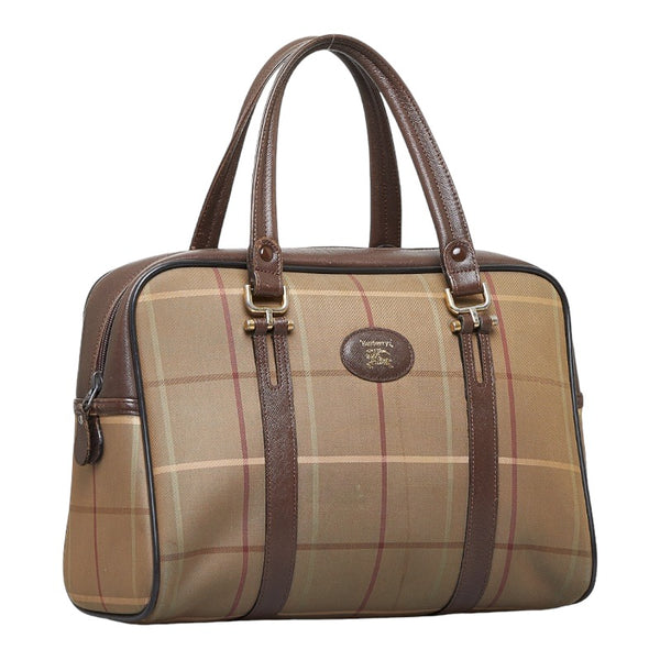 バーバリー チェック ボストンバッグ トラベルバッグ 旅行用バッグ カーキ ブラウン キャンバス レザー レディース BURBERRY 【中古】