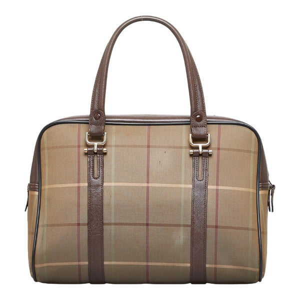 バーバリー チェック ボストンバッグ トラベルバッグ 旅行用バッグ カーキ ブラウン キャンバス レザー レディース BURBERRY 【中古】
