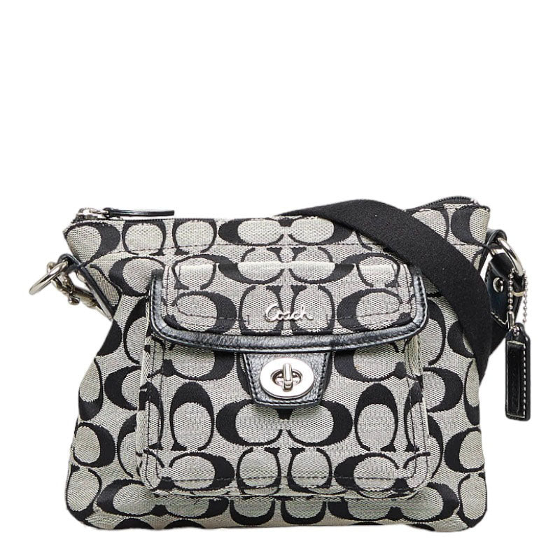 コーチ シグネチャー 斜め掛け ショルダーバッグ ブラック ホワイト キャンバス レザー レディース COACH 【中古】