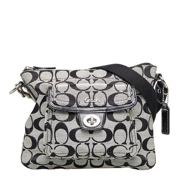 コーチ シグネチャー 斜め掛け ショルダーバッグ ブラック ホワイト キャンバス レザー レディース COACH 【中古】
