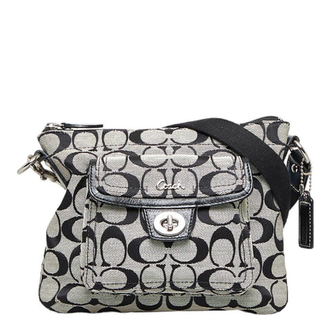 コーチ シグネチャー 斜め掛け ショルダーバッグ ブラック ホワイト キャンバス レザー レディース COACH 【中古】