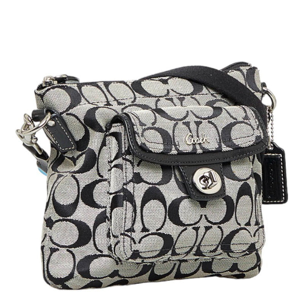 コーチ シグネチャー 斜め掛け ショルダーバッグ ブラック ホワイト キャンバス レザー レディース COACH 【中古】