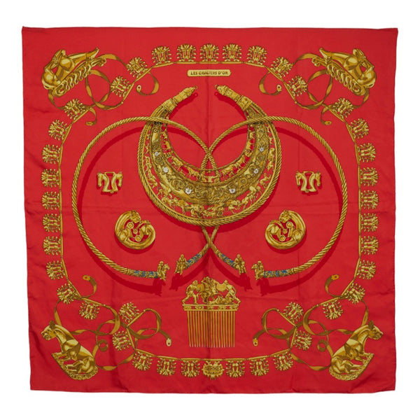 エルメス カレ90 LES CAVALIERS D'OR 黄金の騎士 スカーフ オレンジレッド ゴールド マルチカラー シルク レディース HERMES 【中古】