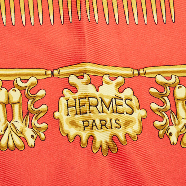 エルメス カレ90 LES CAVALIERS D'OR 黄金の騎士 スカーフ オレンジレッド ゴールド マルチカラー シルク レディース HERMES 【中古】