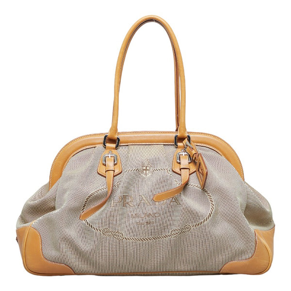 プラダ ロゴジャガード ガマ口 ハンドバッグ トートバッグ ベージュ ブラウン キャンバス レザー レディース PRADA 【中古】