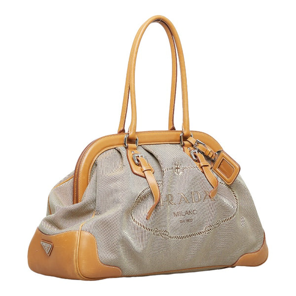 プラダ ロゴジャガード ガマ口 ハンドバッグ トートバッグ ベージュ ブラウン キャンバス レザー レディース PRADA 【中古】