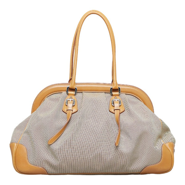 プラダ ロゴジャガード ガマ口 ハンドバッグ トートバッグ ベージュ ブラウン キャンバス レザー レディース PRADA 【中古】