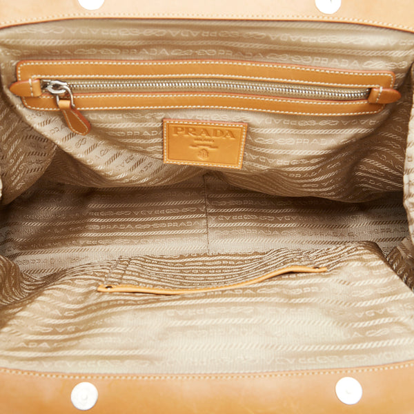 プラダ ロゴジャガード ガマ口 ハンドバッグ トートバッグ ベージュ ブラウン キャンバス レザー レディース PRADA 【中古】
