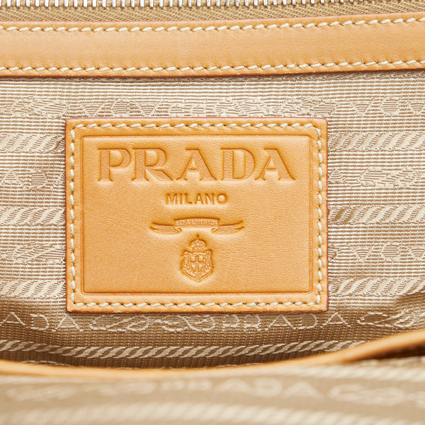 プラダ ロゴジャガード ガマ口 ハンドバッグ トートバッグ ベージュ ブラウン キャンバス レザー レディース PRADA 【中古】