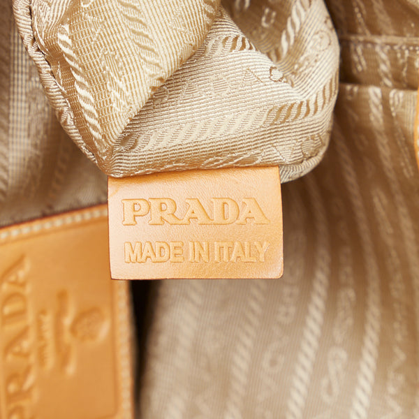 プラダ ロゴジャガード ガマ口 ハンドバッグ トートバッグ ベージュ ブラウン キャンバス レザー レディース PRADA 【中古】